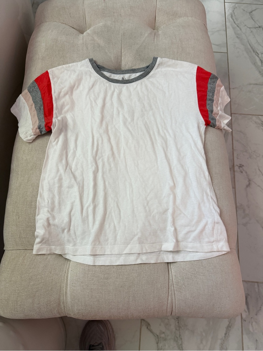 Gap women's White Tee with Red & Gray Stripe Sleeves
